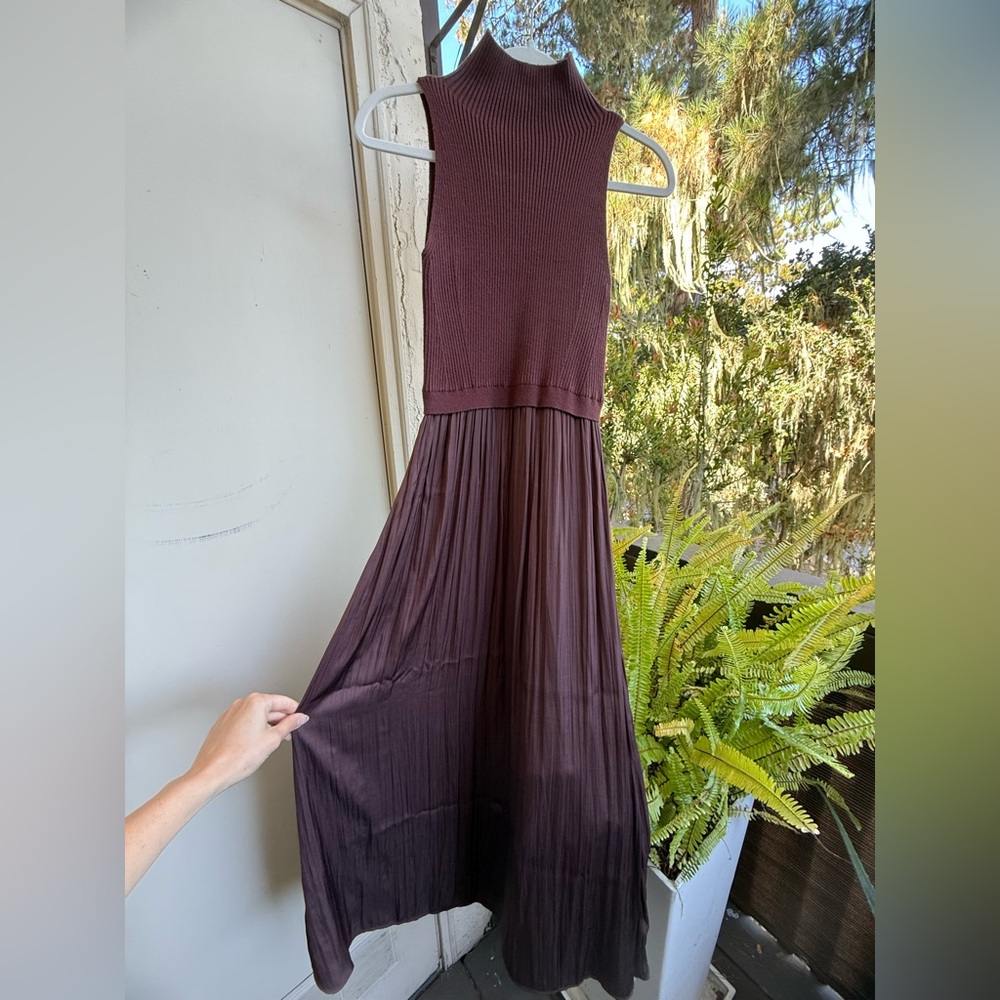 Brown Sleeveless Sweater Satin Dress